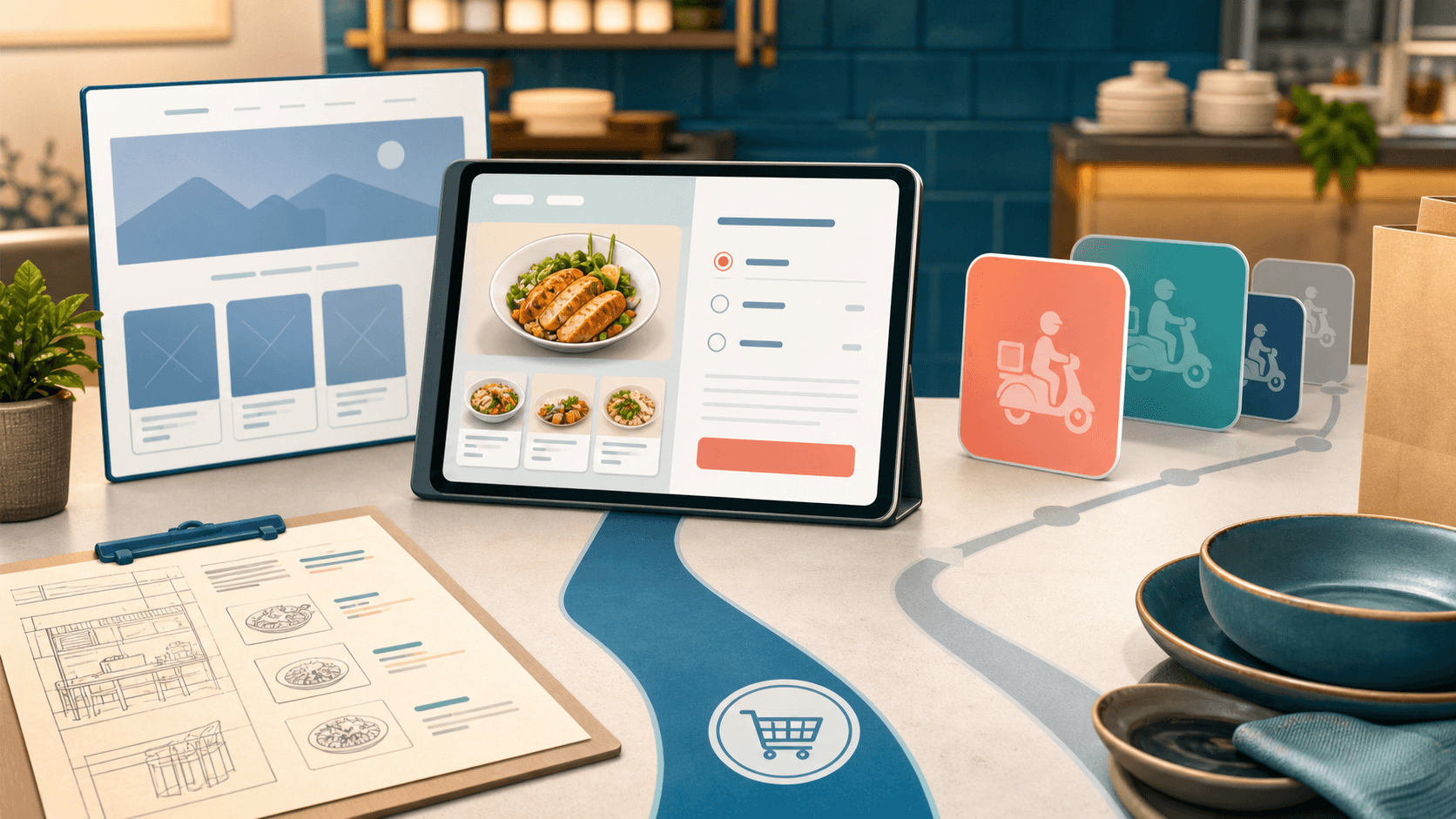 Editorial restaurant ordering scene showing a website direct-ordering path on a tablet beside muted marketplace app tiles in the background.