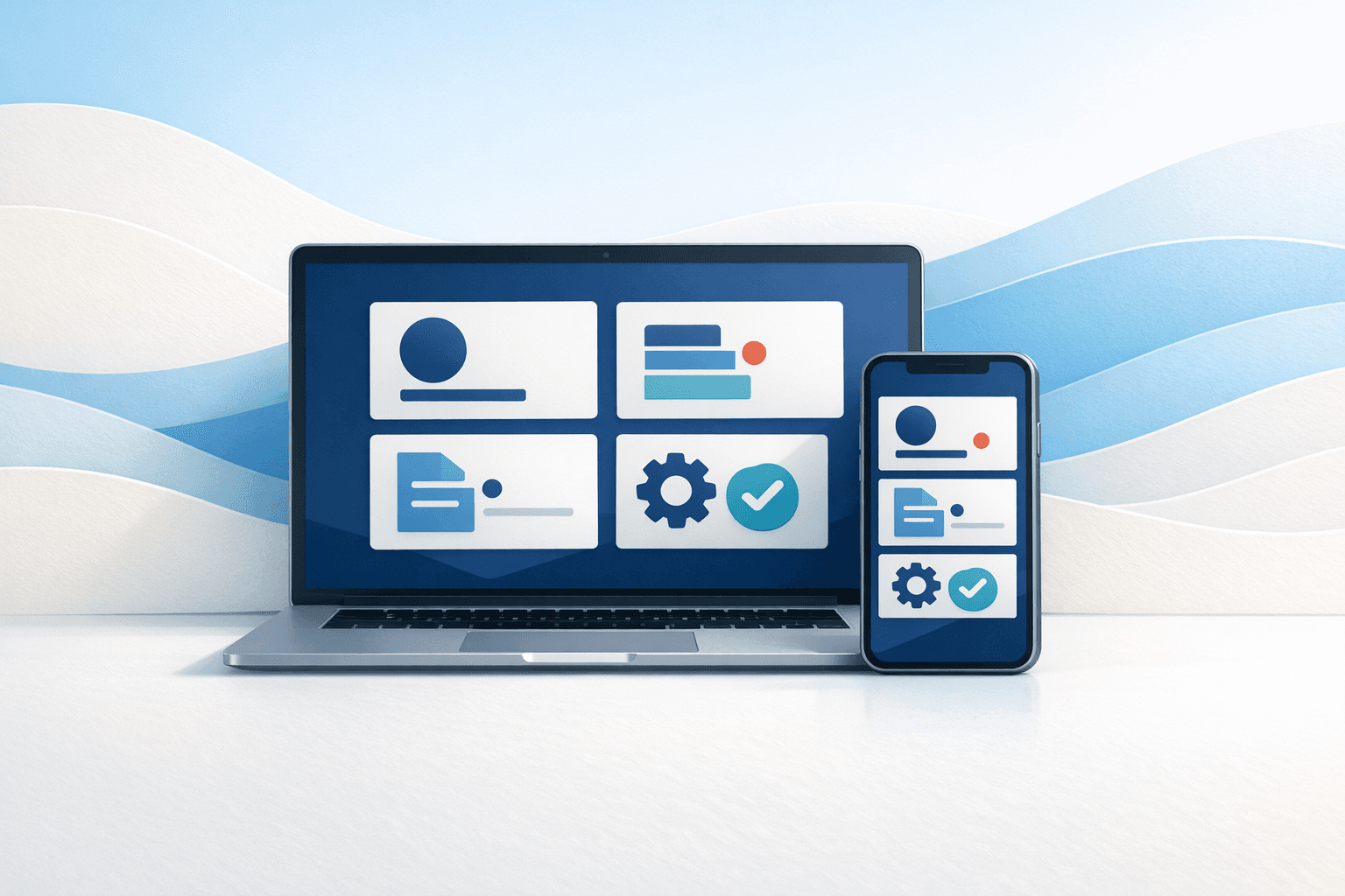 Editorial cover illustration of a small-business customer portal shown on a laptop and phone.