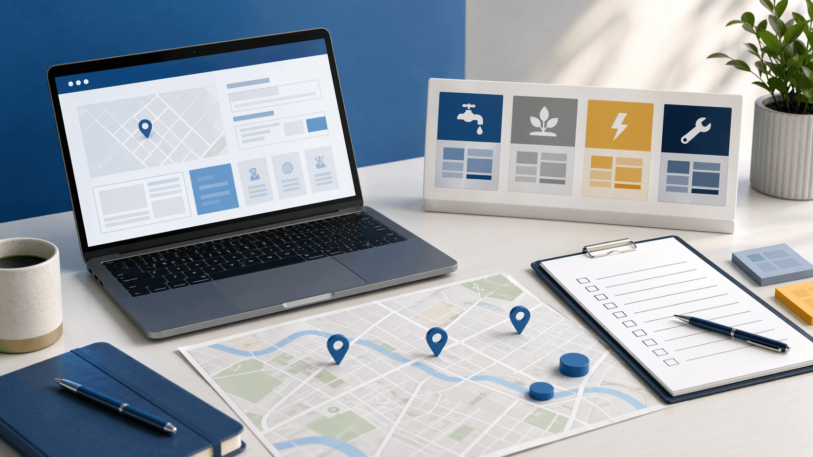 Editorial desk scene with a local business website, neighborhood map pins, and organized service-area page notes.