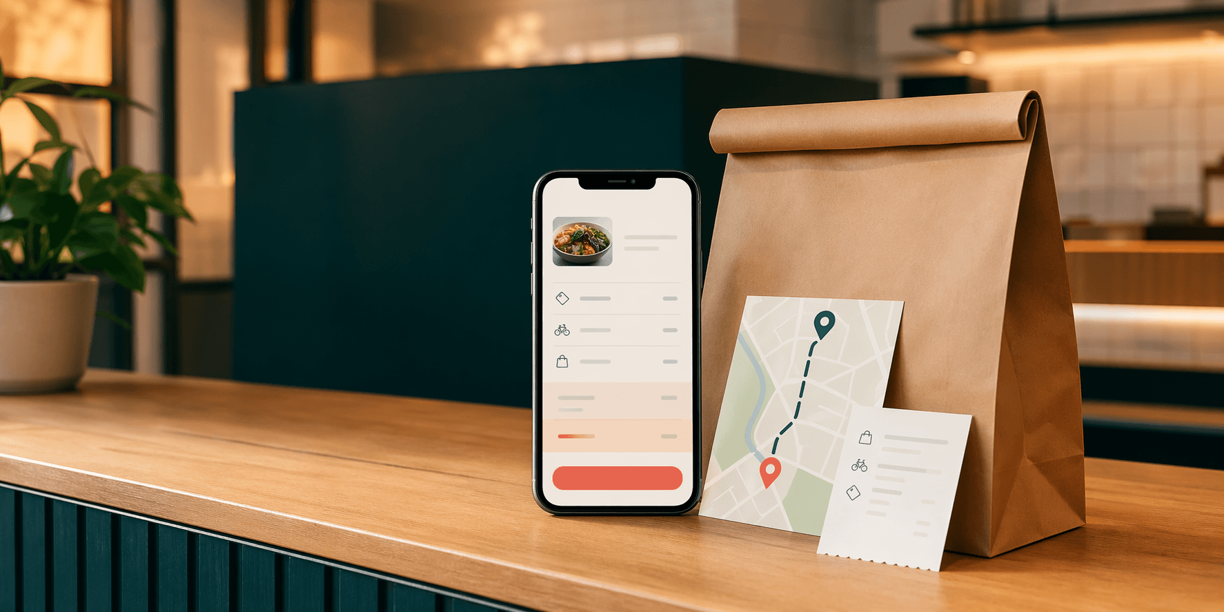 Editorial restaurant ordering scene with a phone checkout screen, delivery bag, map, and clearly labeled fee card.