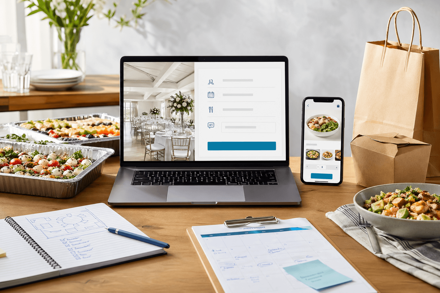 Editorial restaurant planning scene with a catering inquiry page on a laptop, a mobile ordering screen, trays of food, and scheduling notes.