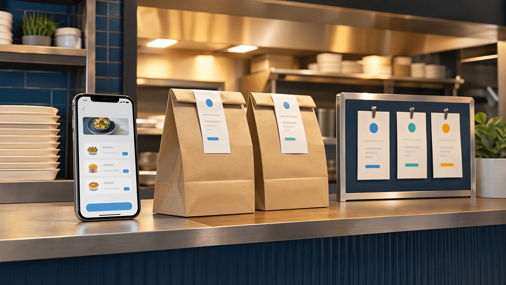 Editorial restaurant counter scene with a phone order screen, labeled pickup bags, and a simple kitchen handoff board.