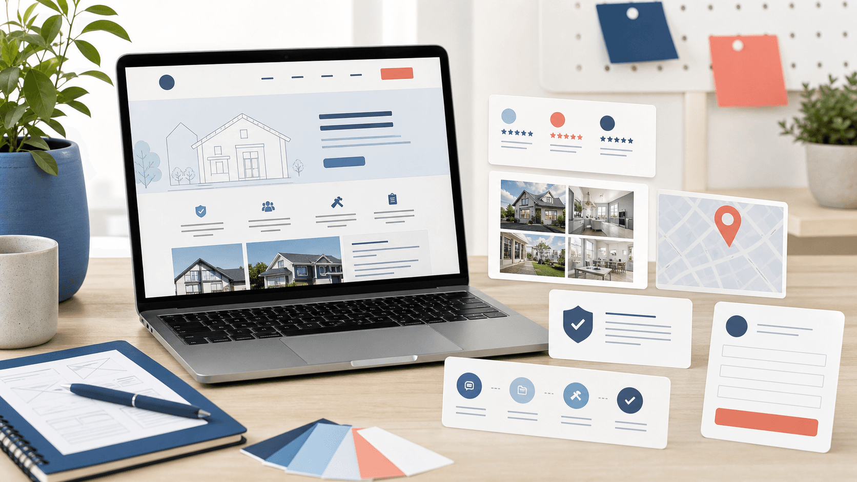 Editorial desk scene with a local business website mockup surrounded by review cards, project photos, service area proof, badges, and a quote form.