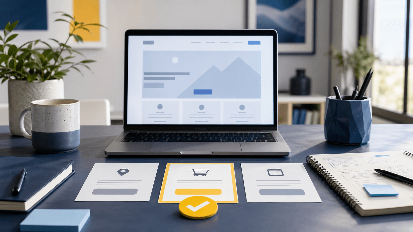 Editorial desk scene with a laptop homepage wireframe and one selected website call to action path highlighted among several options.