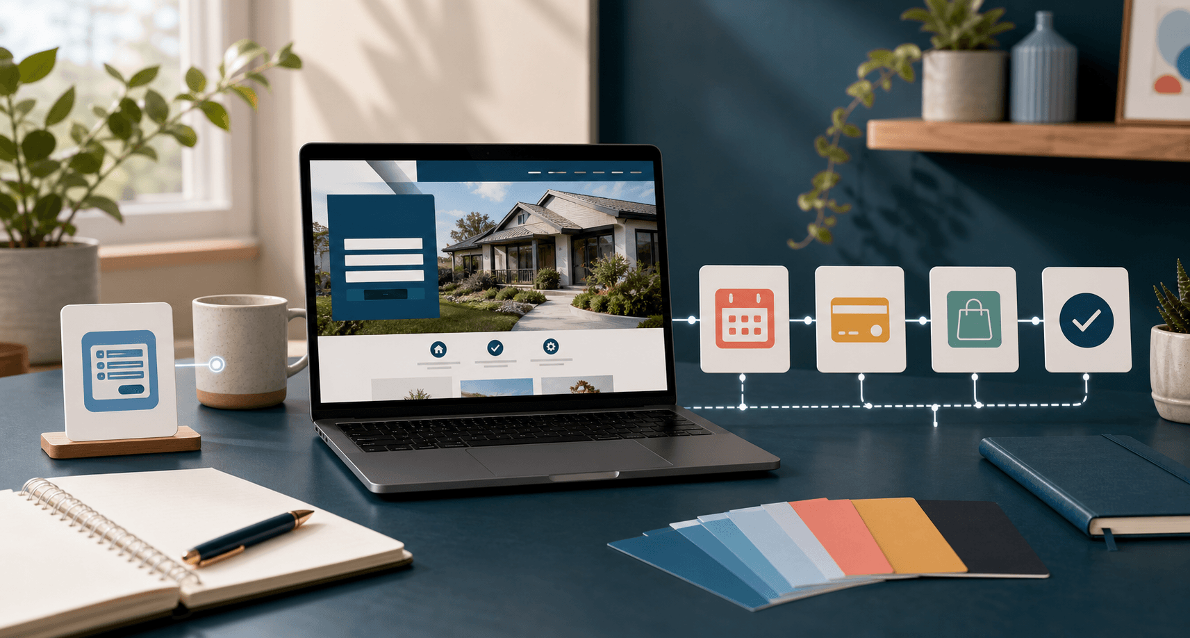 Editorial operations desk with a small business website, workflow cards, and connected automation steps for forms, scheduling, payment, orders, and status updates.