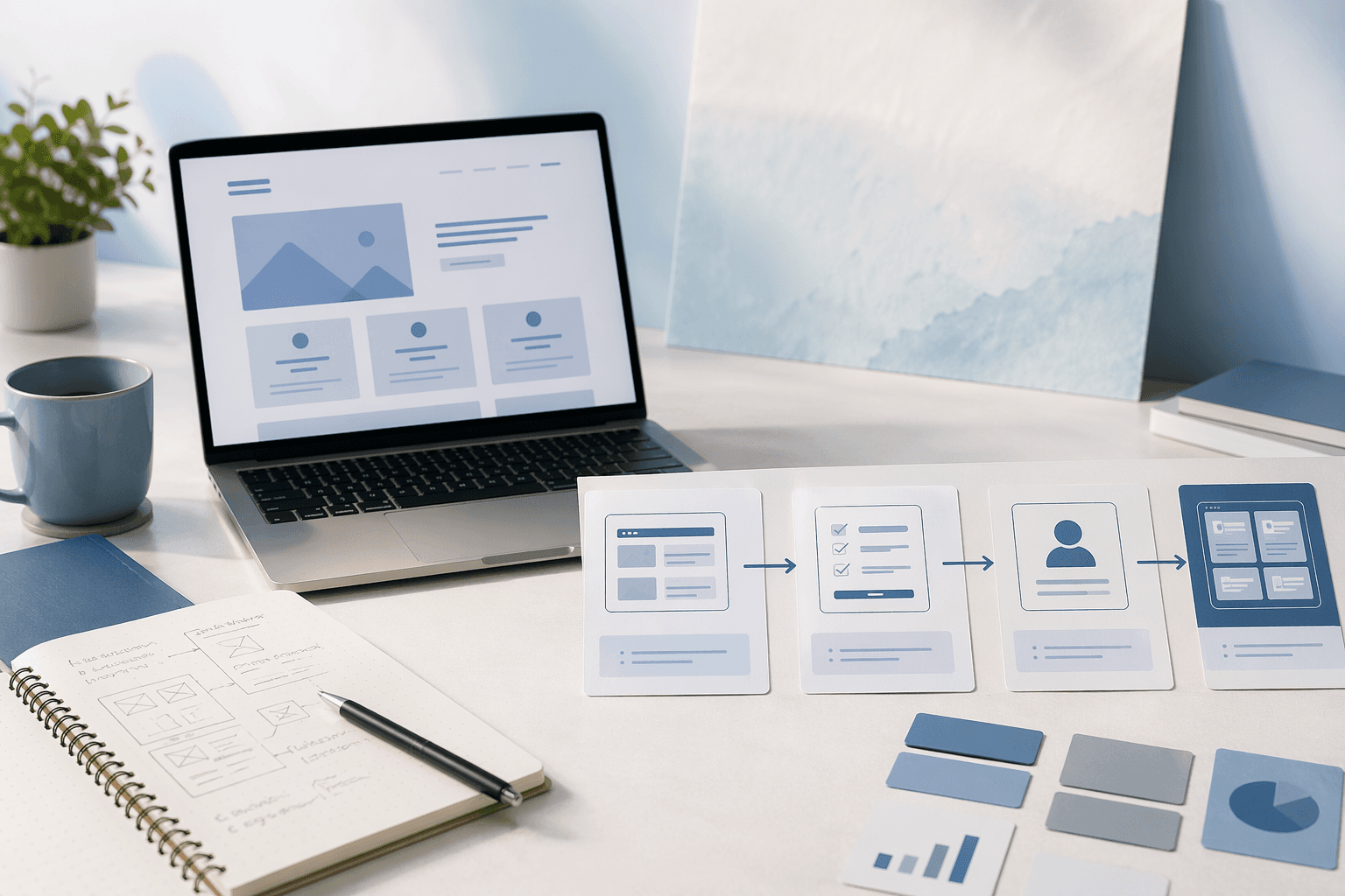 Editorial planning desk with a website wireframe, workflow cards, and simple software roadmap notes.