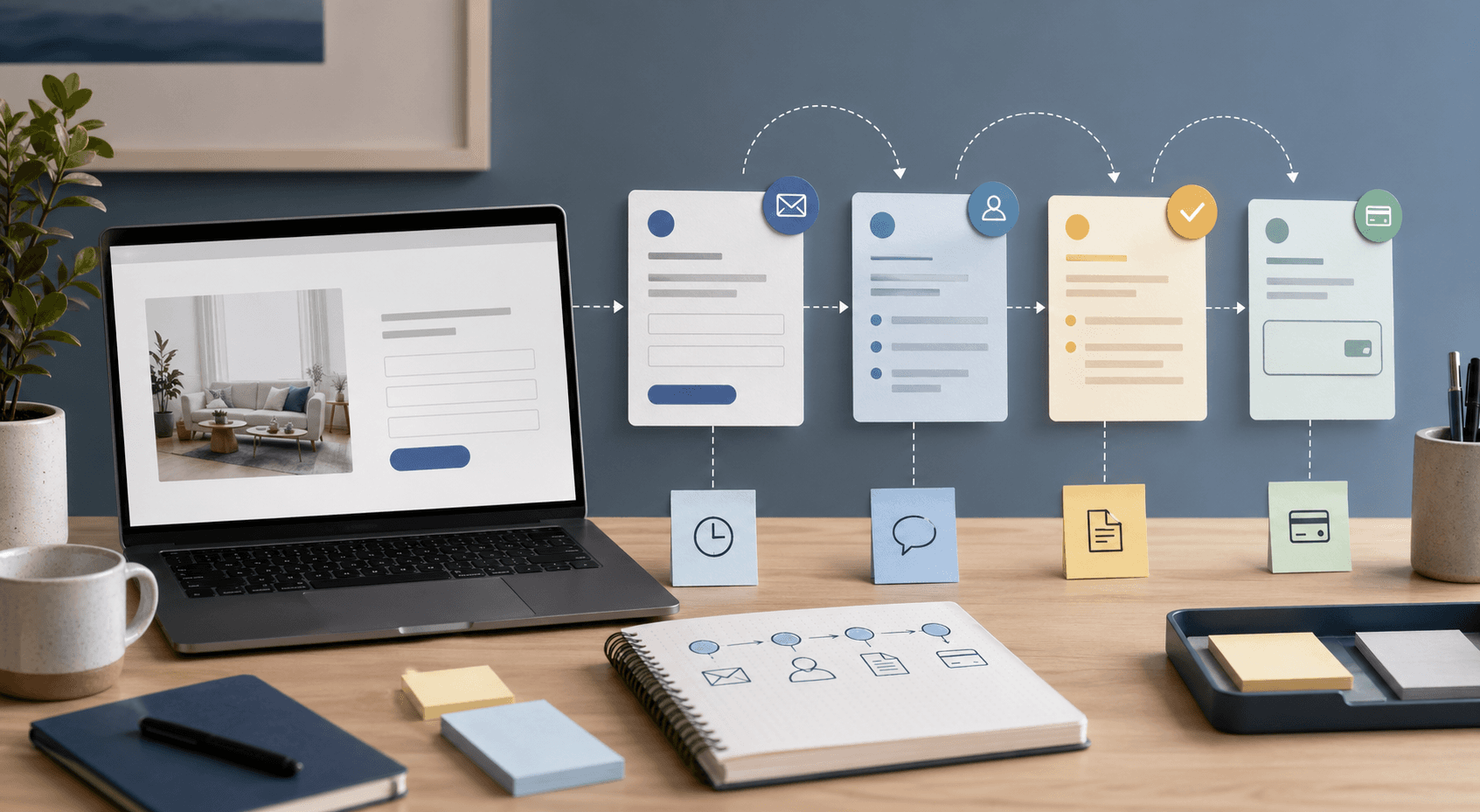 Editorial desk scene showing website lead cards moving through a simple follow-up board with notes, reminders, and payment steps.