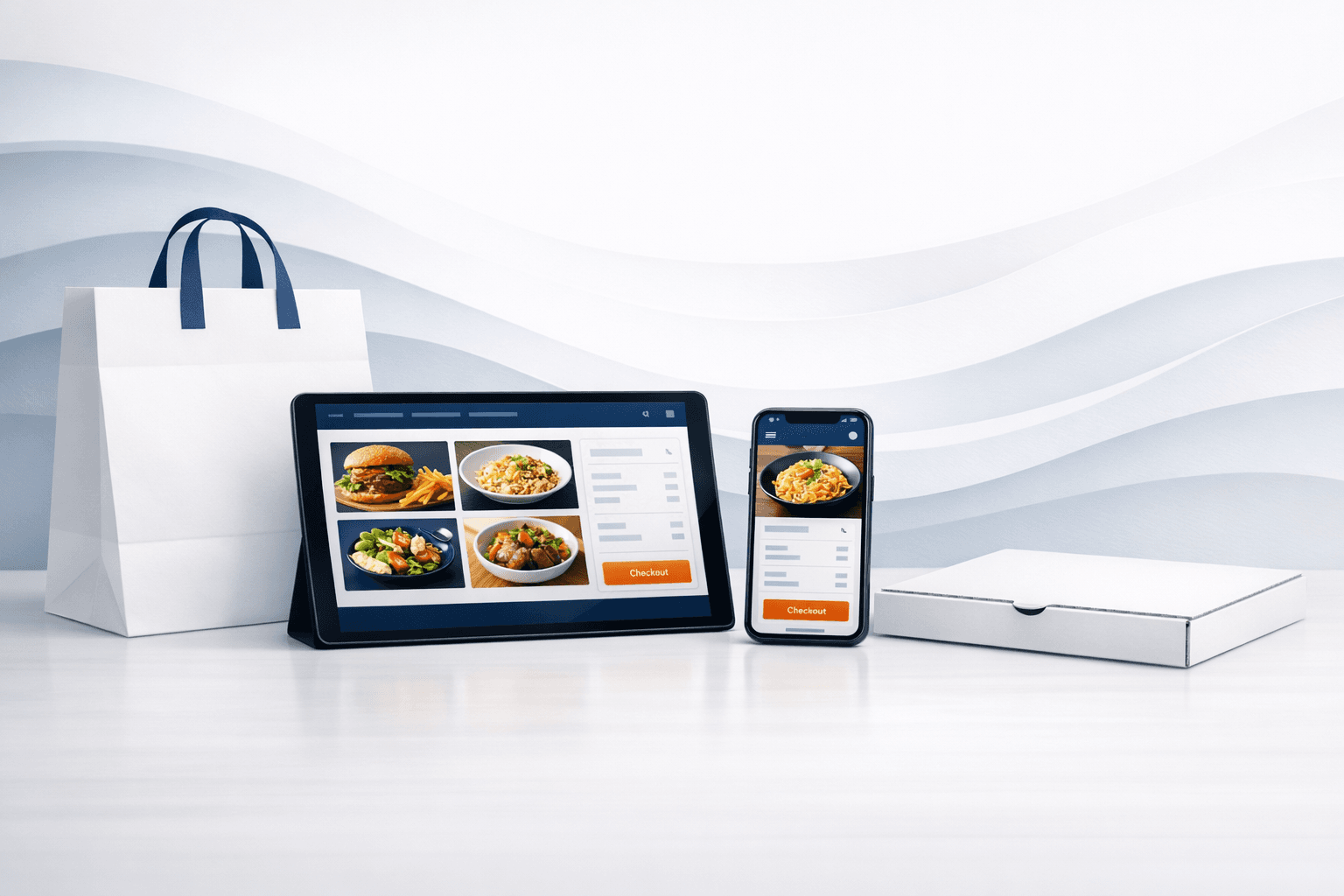 Editorial still life with a tablet, phone, and takeout packaging representing direct restaurant ordering.