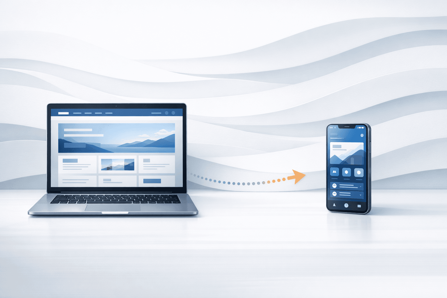 Editorial composition comparing a laptop website experience with a mobile app on a phone.