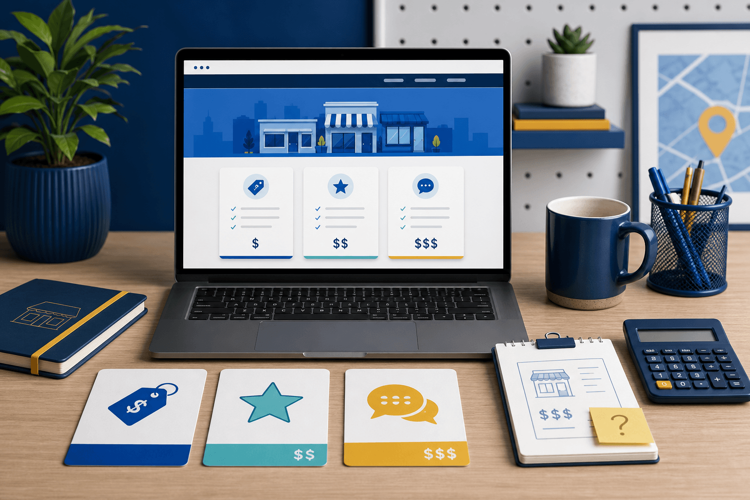 Editorial desk scene with a small business website pricing section, quote request notes, a calculator, and service cards showing fixed prices, starting prices, and custom quote options.