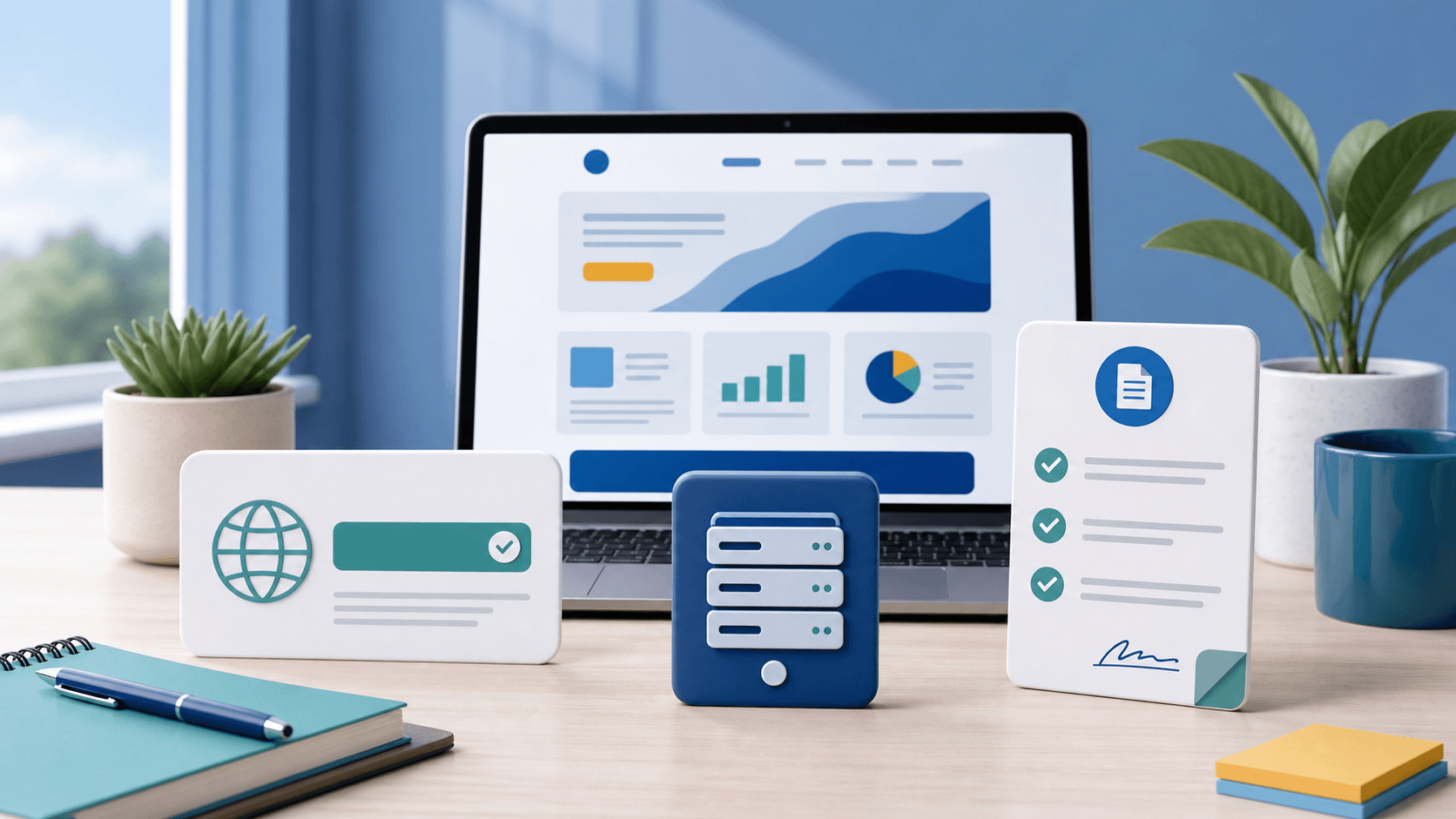 Editorial desk scene showing a small business website dashboard with hosting, domain, and ownership checklist cards.