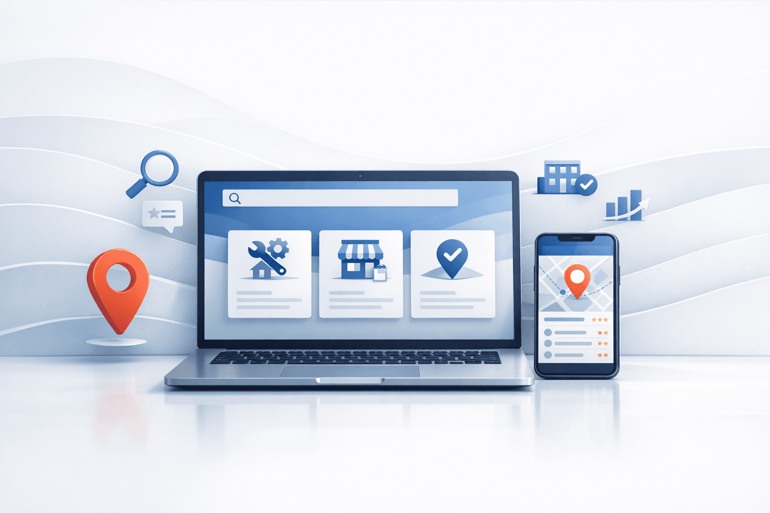 Editorial device composition with local search and map-inspired cues for a local SEO article.