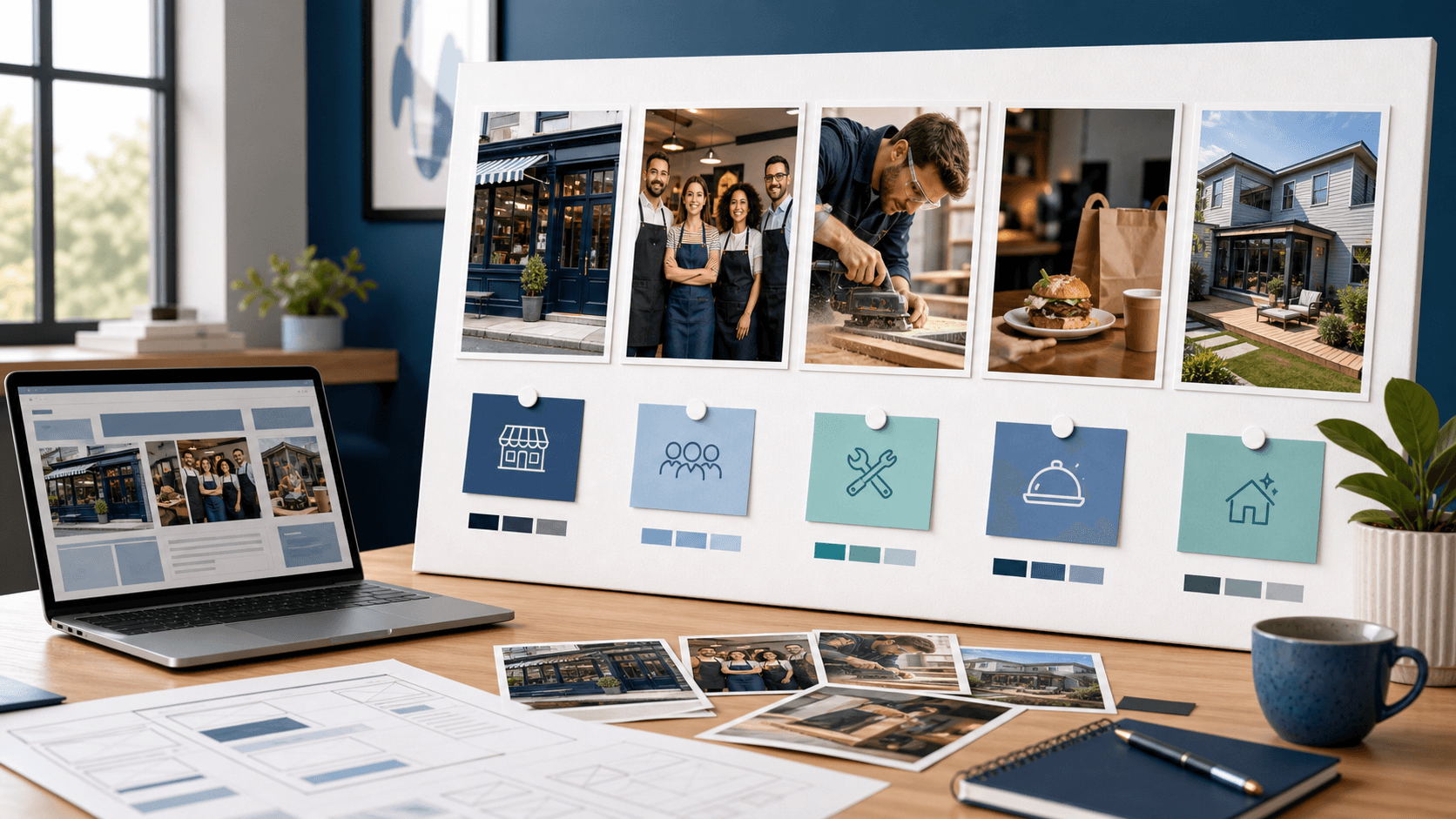 Editorial desk scene showing a local business website photo plan with proof images, team photos, service details, and mobile page mockups.
