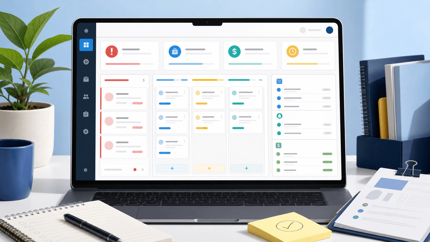 Editorial desk scene showing a small business dashboard with urgent lead cards, order statuses, follow-up reminders, and simple revenue indicators.
