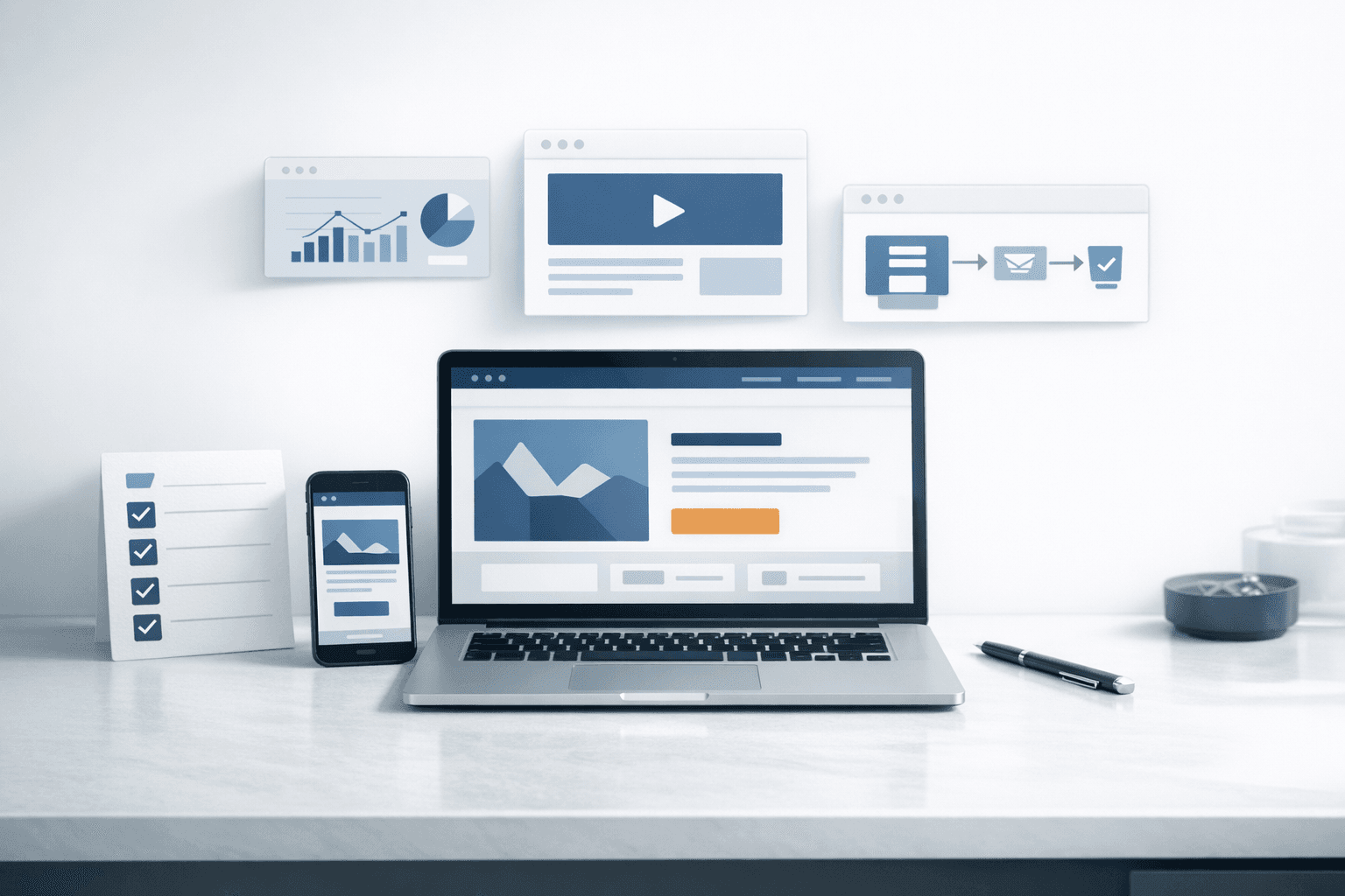 Editorial desktop scene showing a small business website, ad dashboard, and checklist before launching paid traffic.