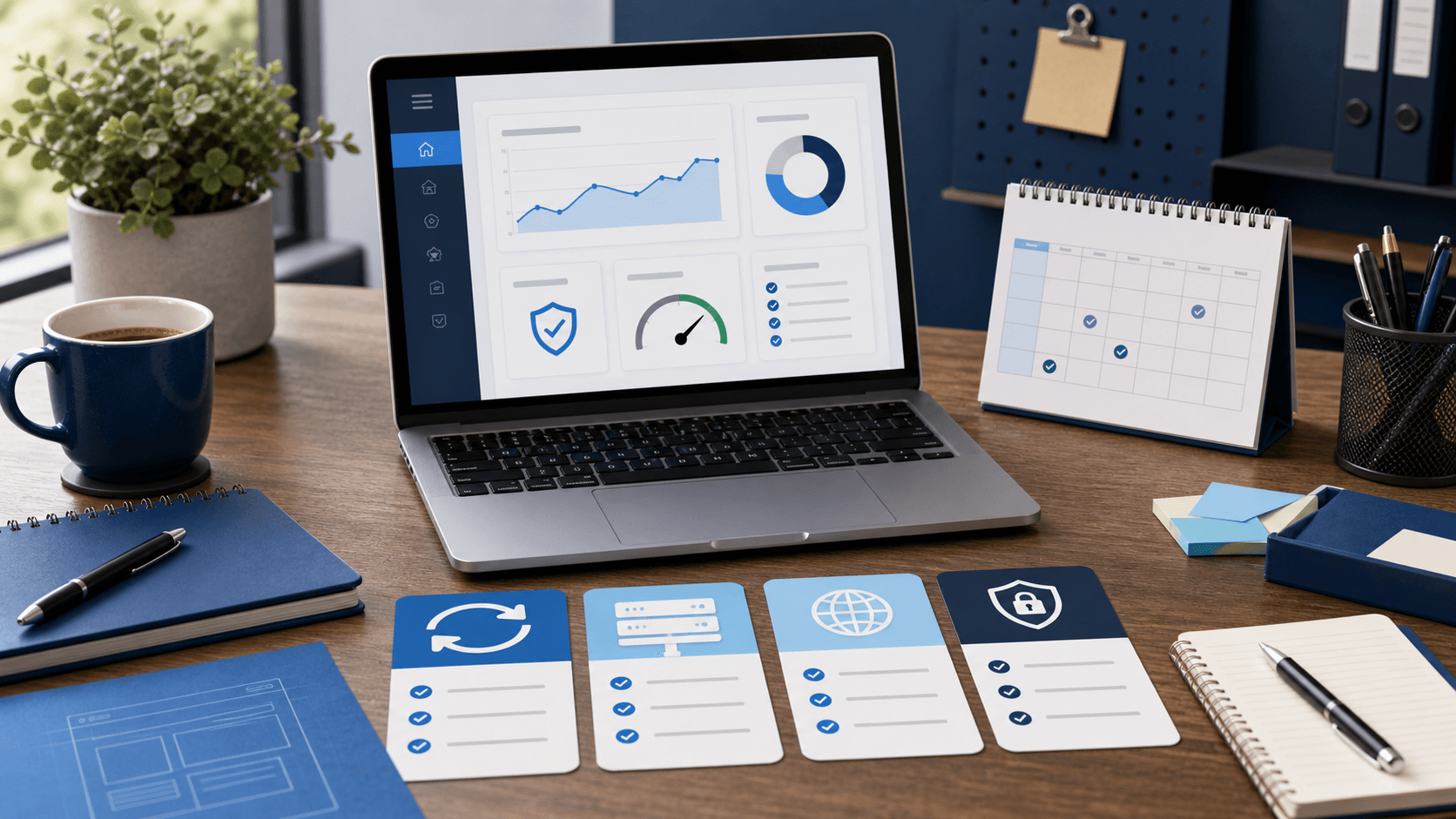 Editorial desk scene with a website dashboard, maintenance checklist cards, calendar, and support notes for a small business website.