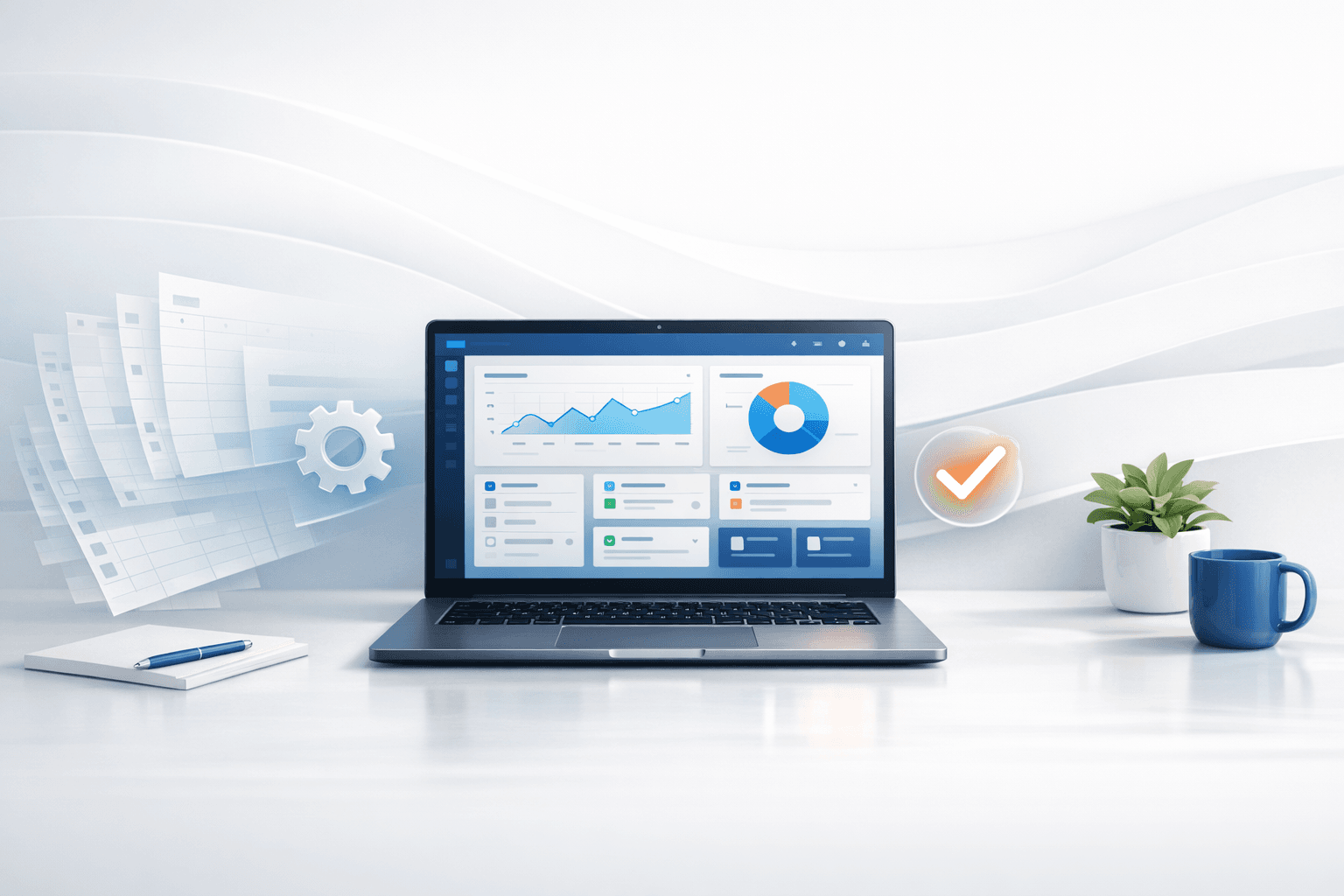 Editorial tech still life showing a laptop dashboard and spreadsheet-like layers for a custom software article.