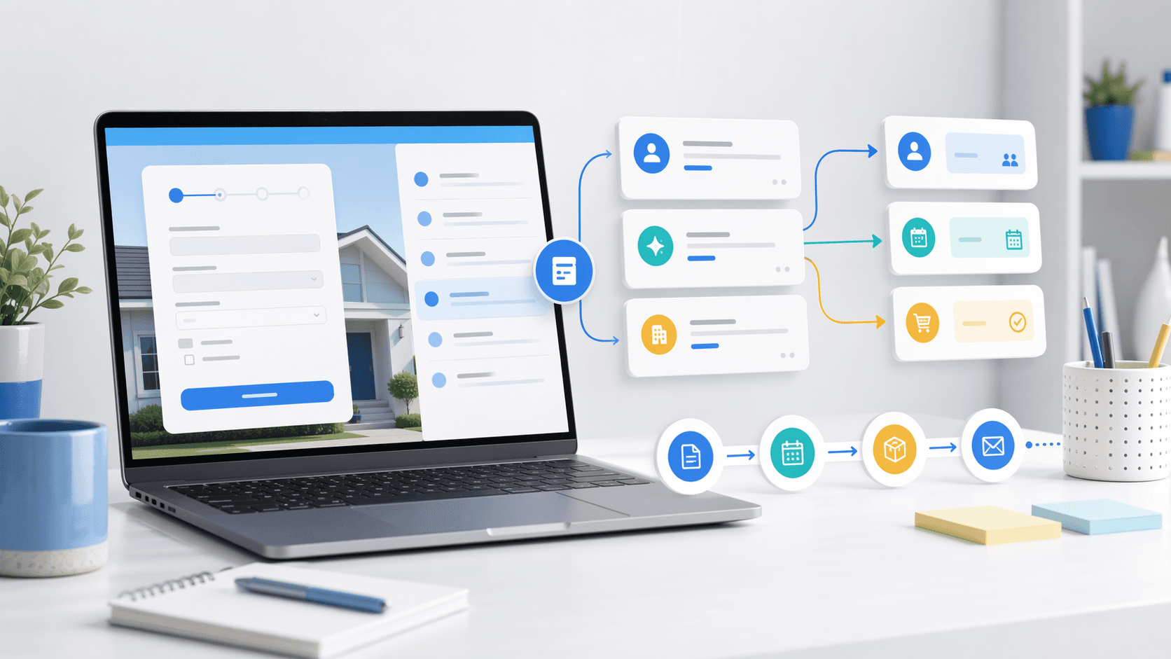 Editorial desk scene showing a small business website intake form turning into organized lead cards and workflow steps.