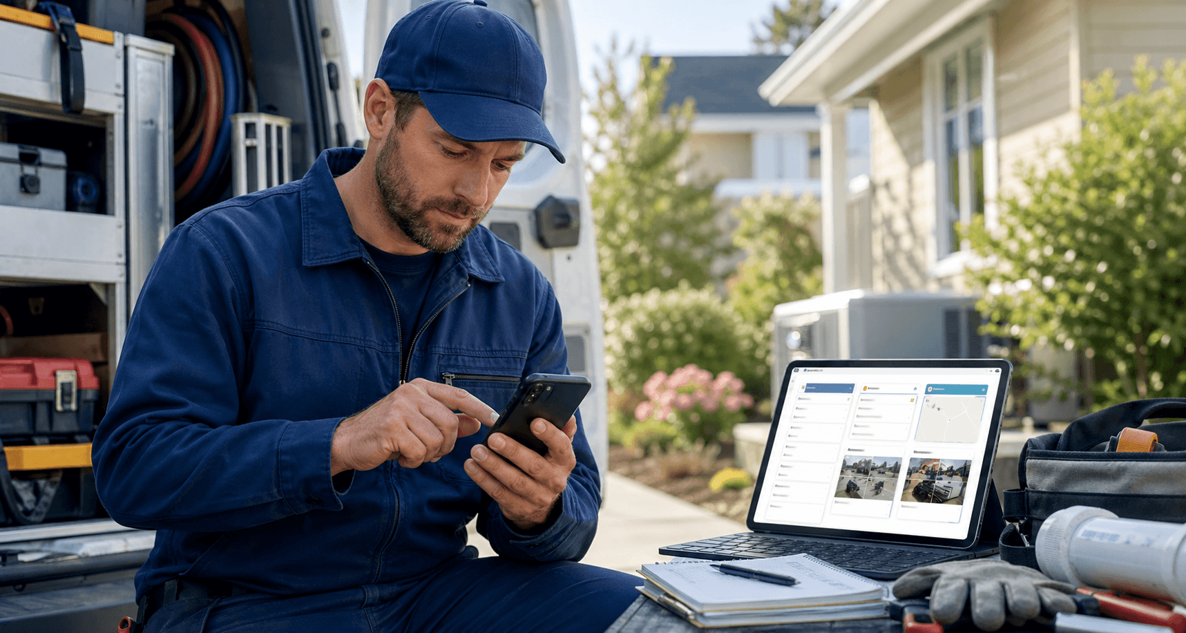 Editorial scene with a field technician using a mobile job app beside a van while a service business dashboard and job notes appear on nearby screens.