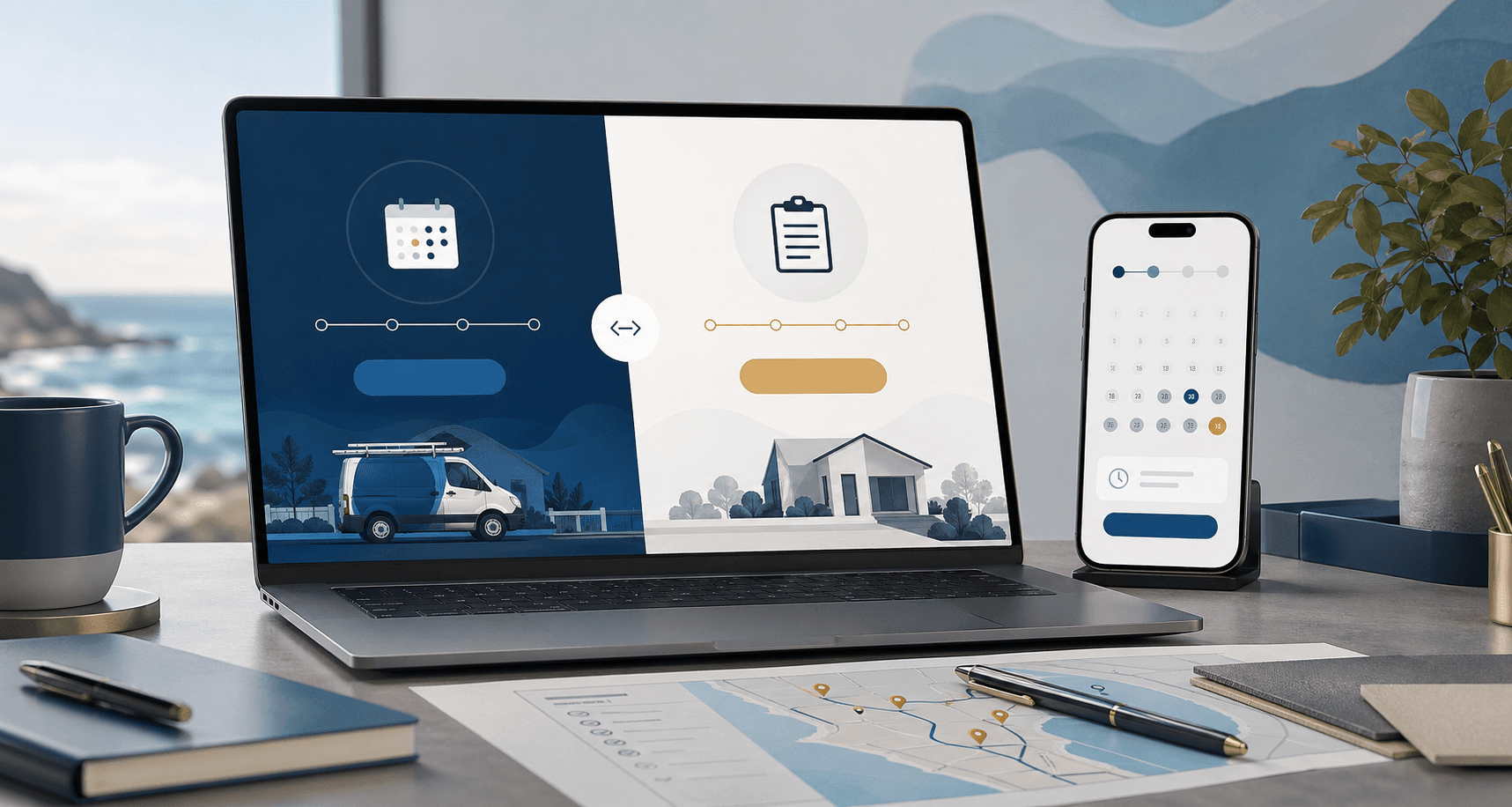 Editorial scene with a local business website showing a book-online option beside a quote request path, calendar blocks, and service planning notes.