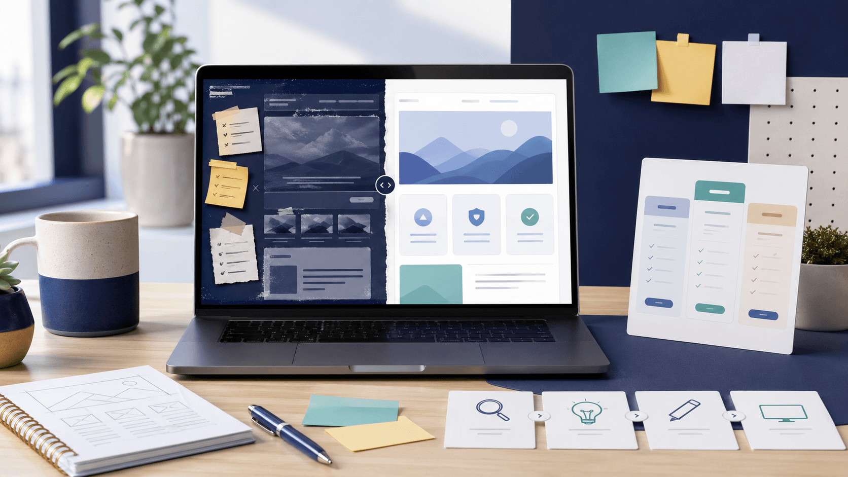 Editorial planning desk with a laptop comparing a patched small business website to a cleaner rebuilt website structure.