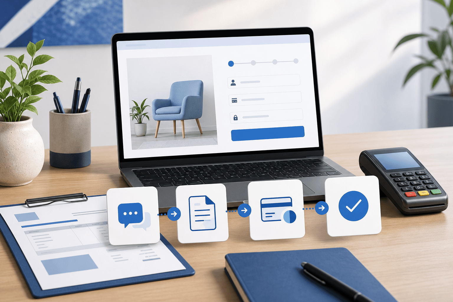 Editorial desk scene with a laptop checkout flow, payment terminal, invoice sheet, and workflow cards moving from inquiry to paid.