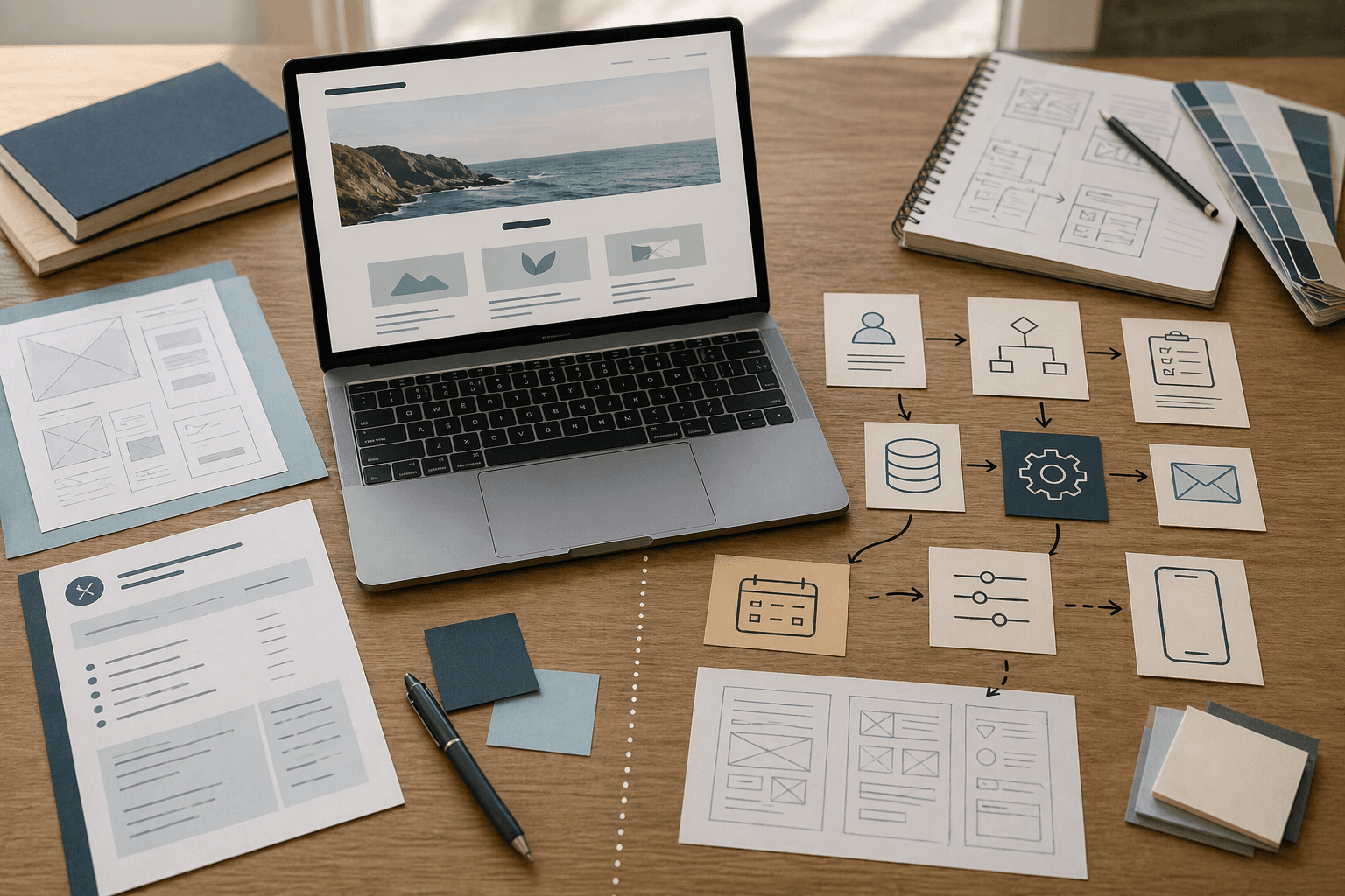 Editorial planning desk with a website quote sheet, workflow cards, and interface sketches separating a simple site from custom software scope.