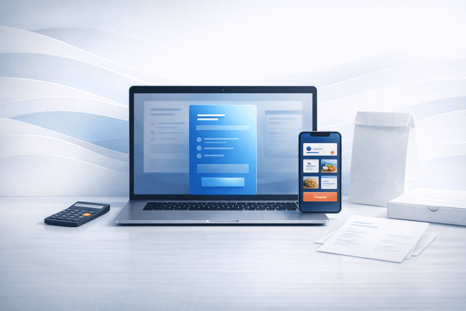 Art-directed editorial still life with a laptop, calculator, and pricing card for a small business website article.