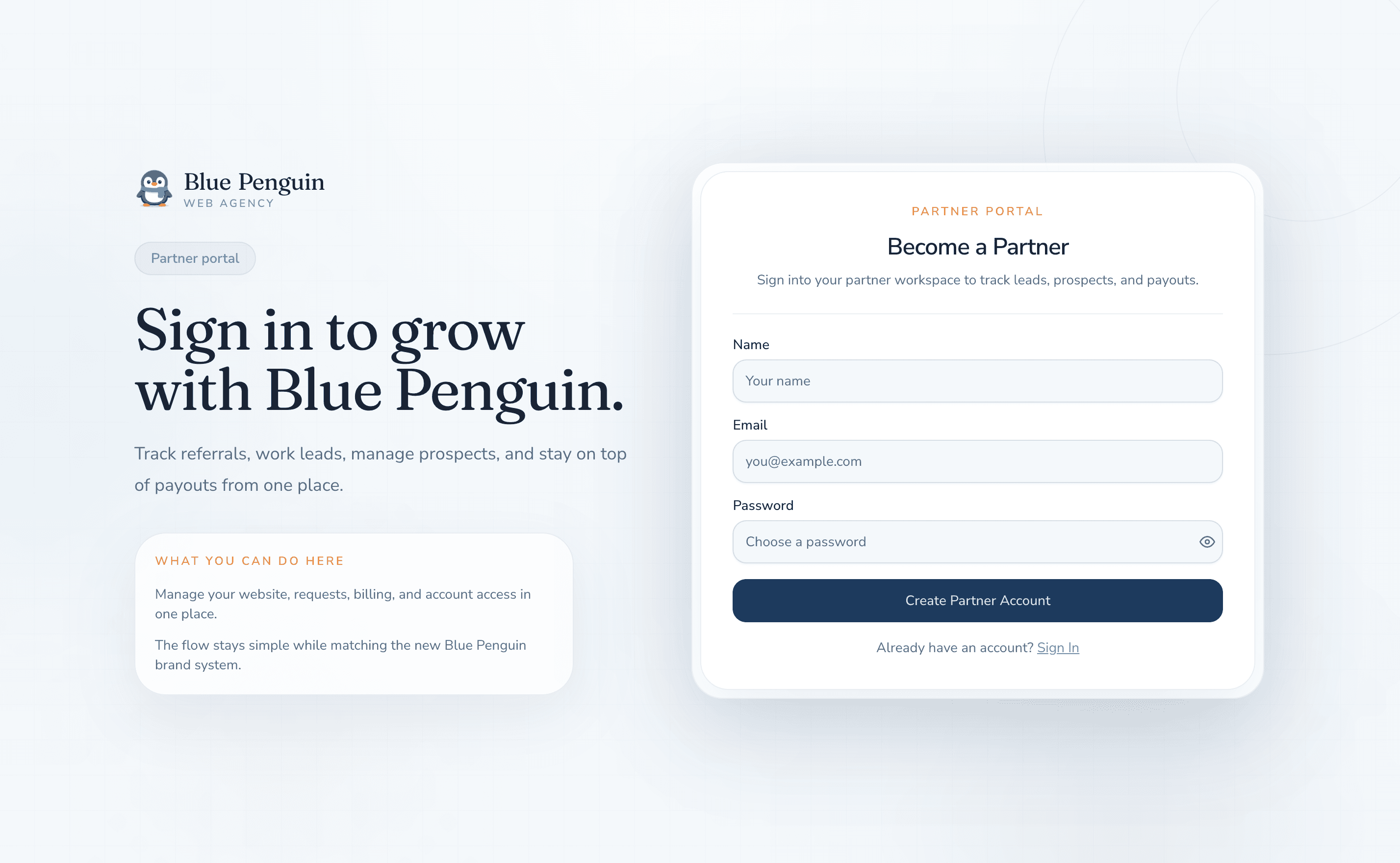 Blue Penguin partner sign-up screen