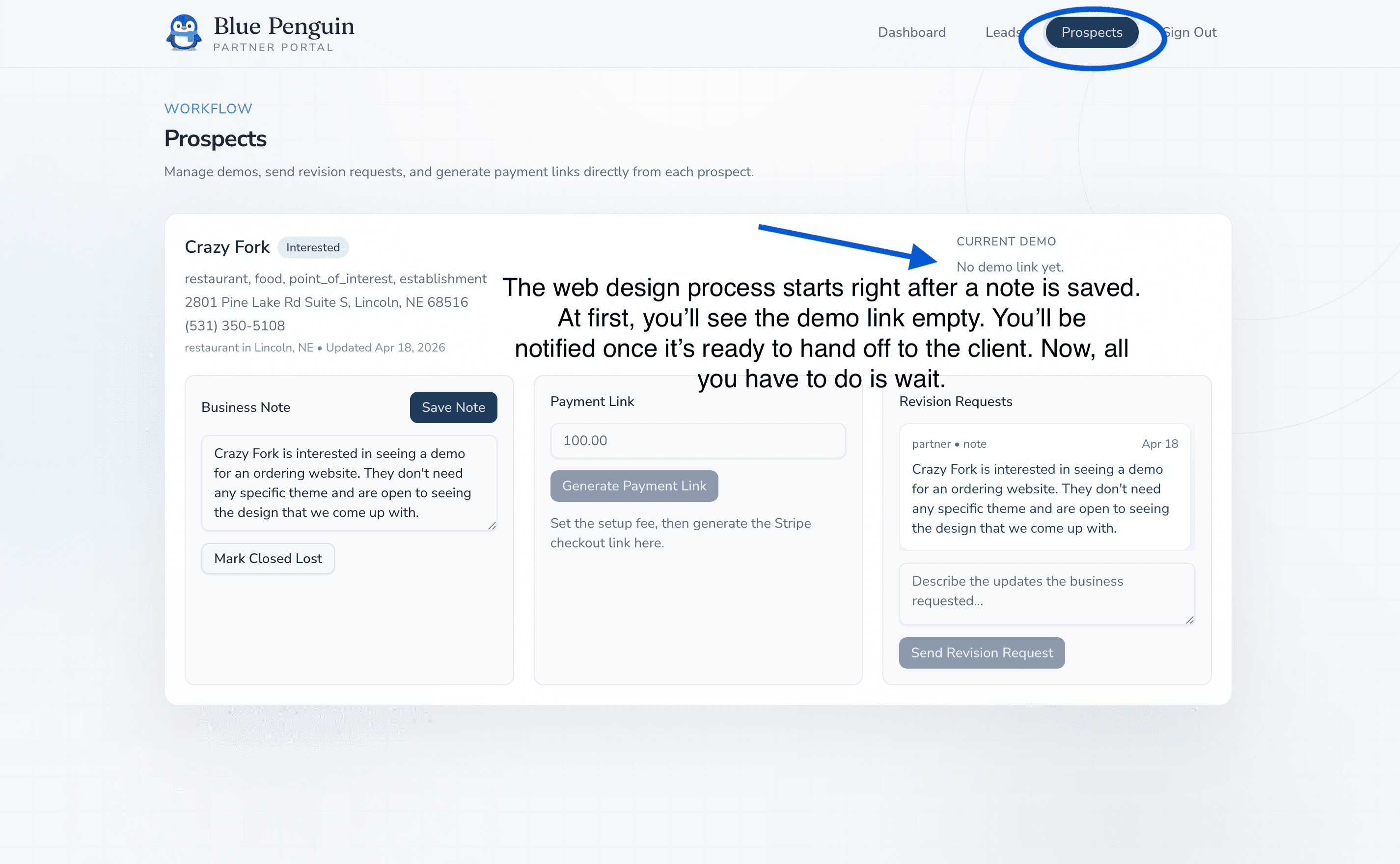 Prospects tab showing a lead waiting for the demo link