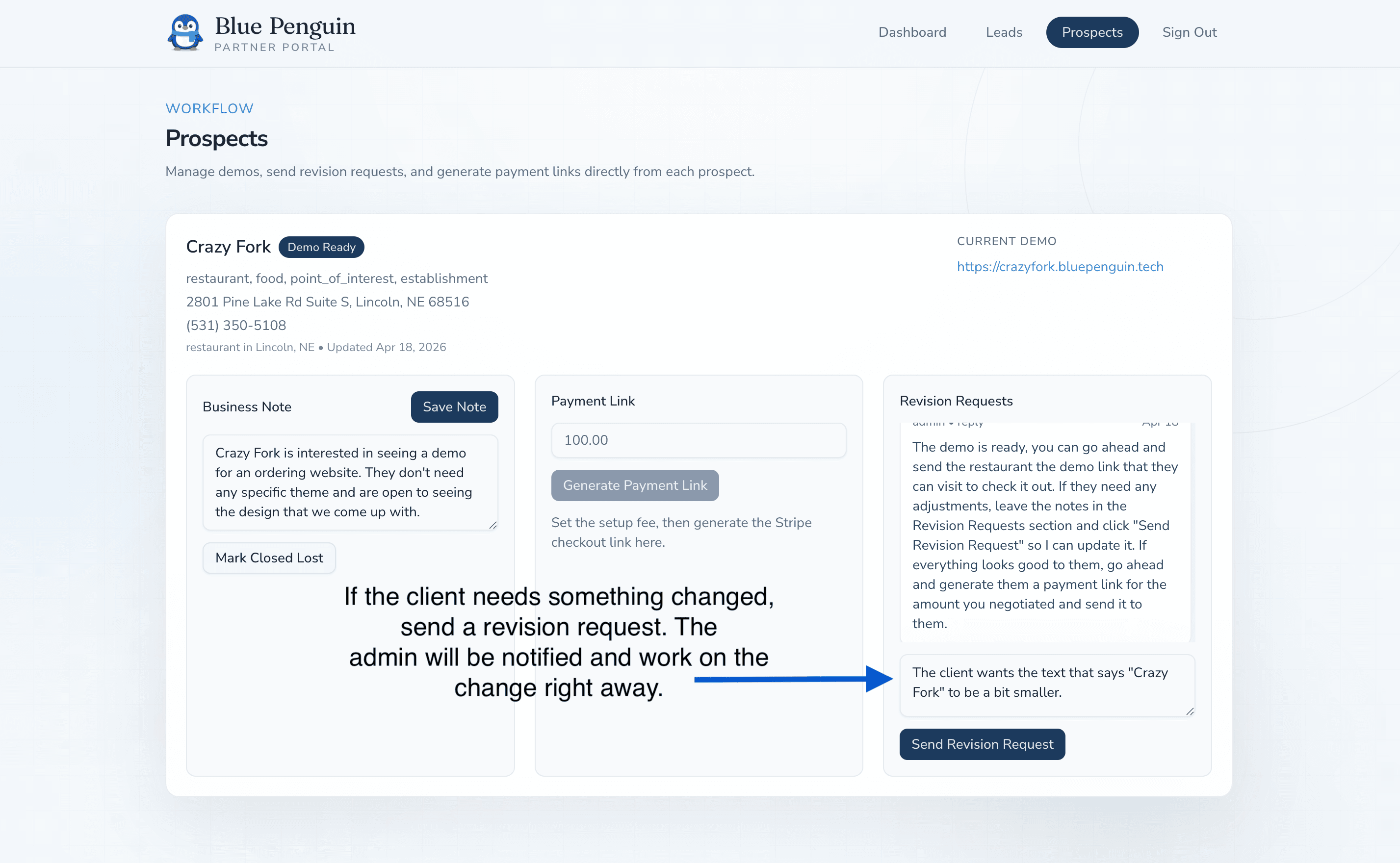 Partner revision request interface inside the prospect view