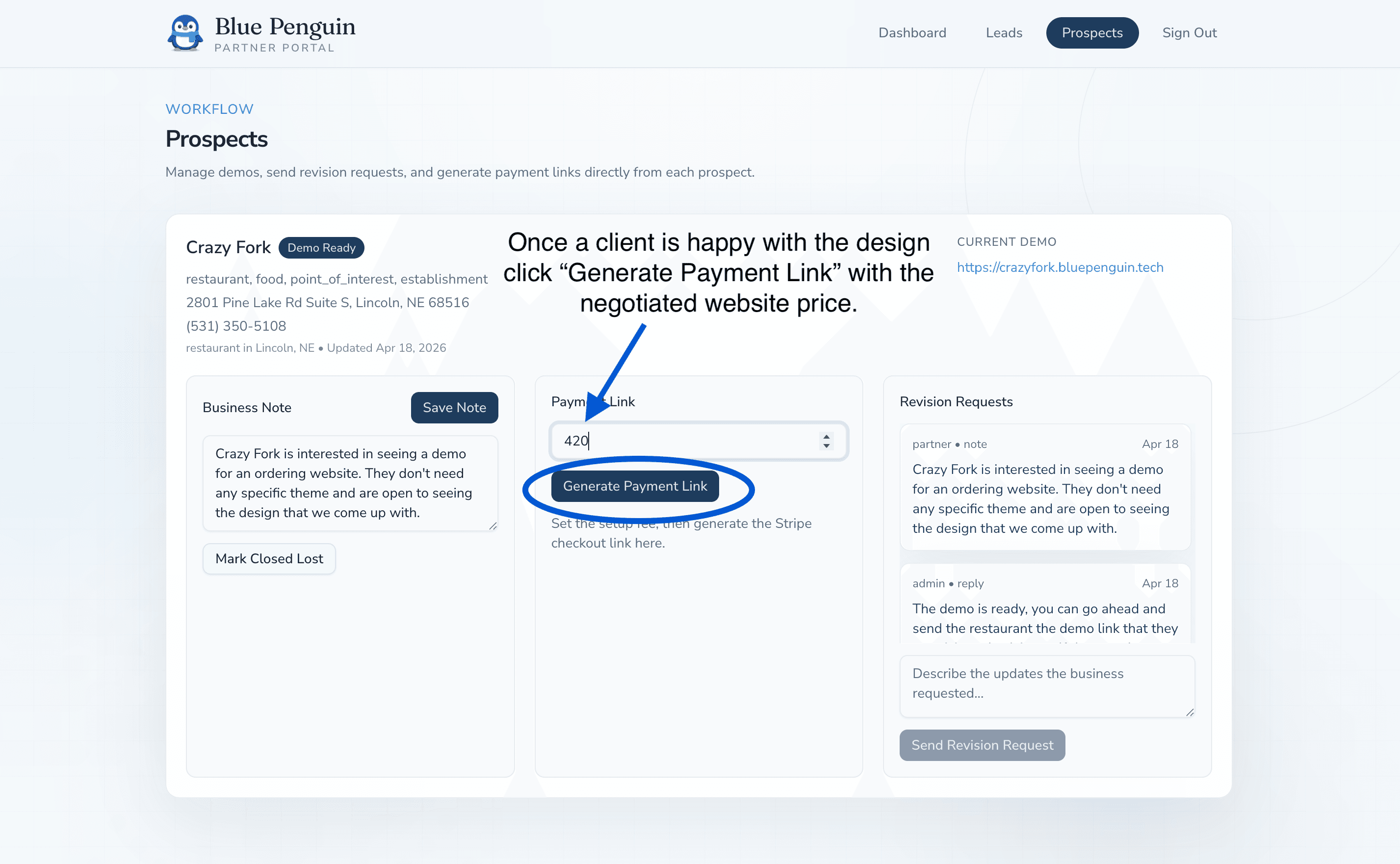 Generate payment link action inside a partner prospect