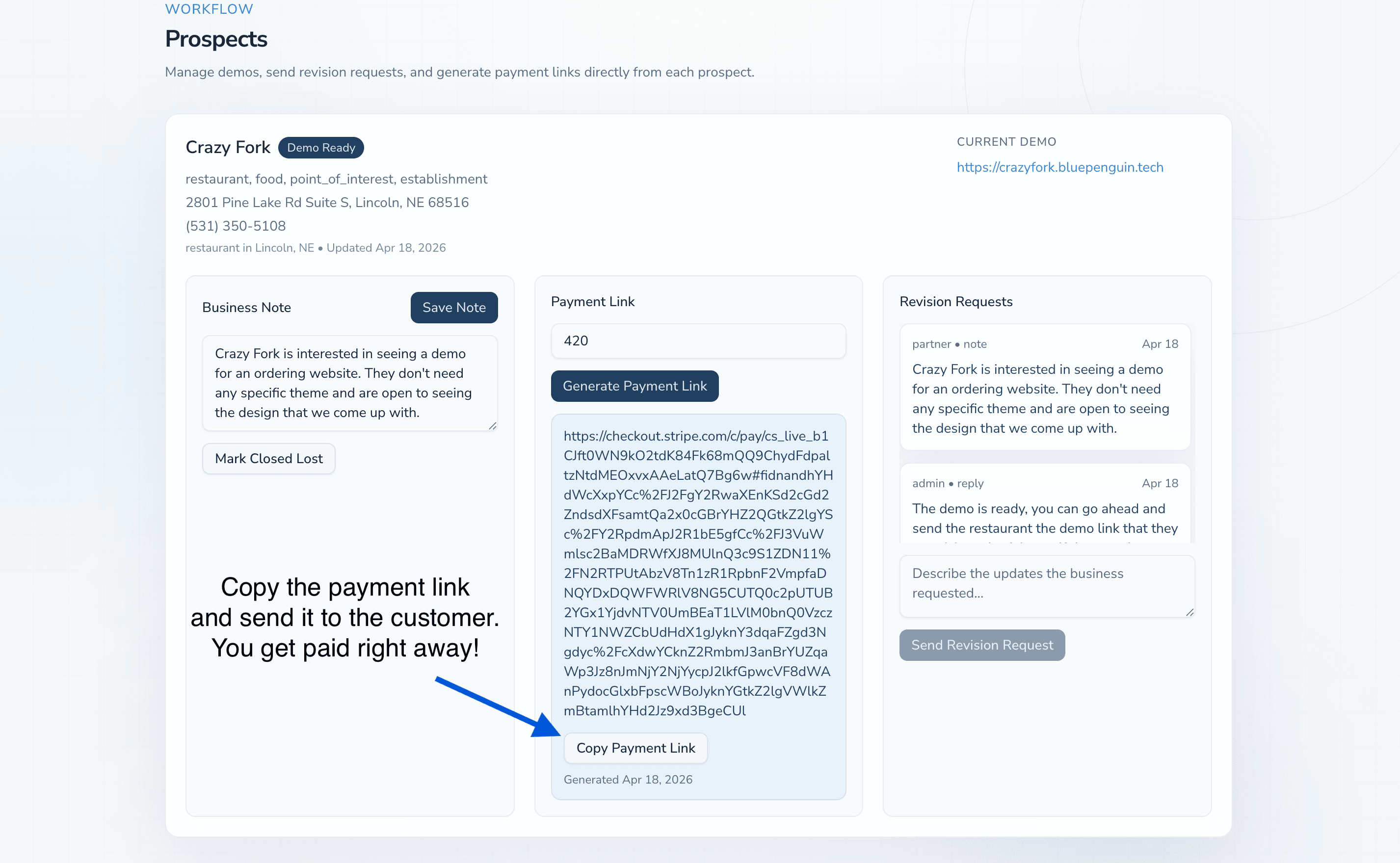 Copy and send payment link workflow inside the partner dashboard