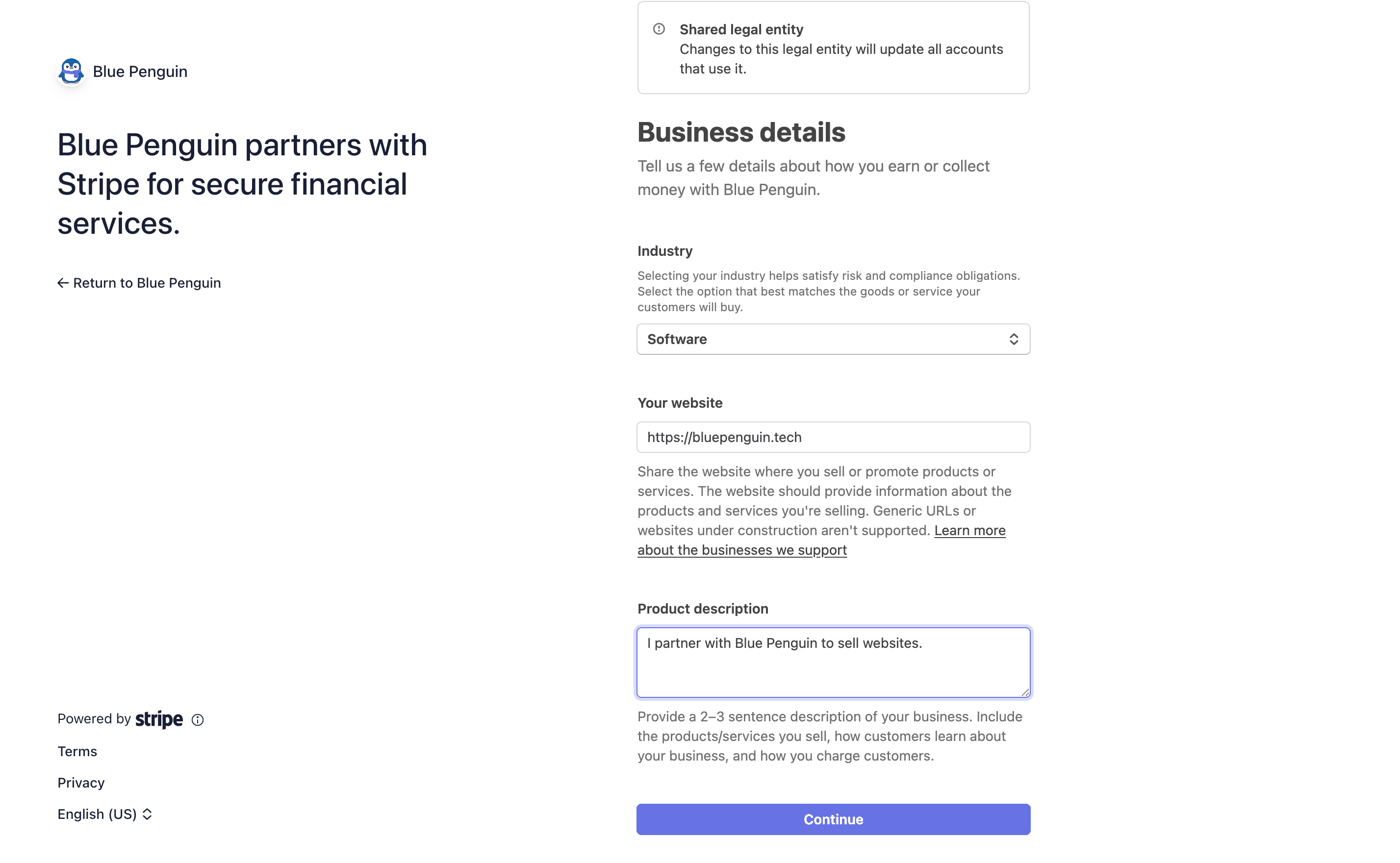 Stripe business details fields filled out for Blue Penguin partner setup