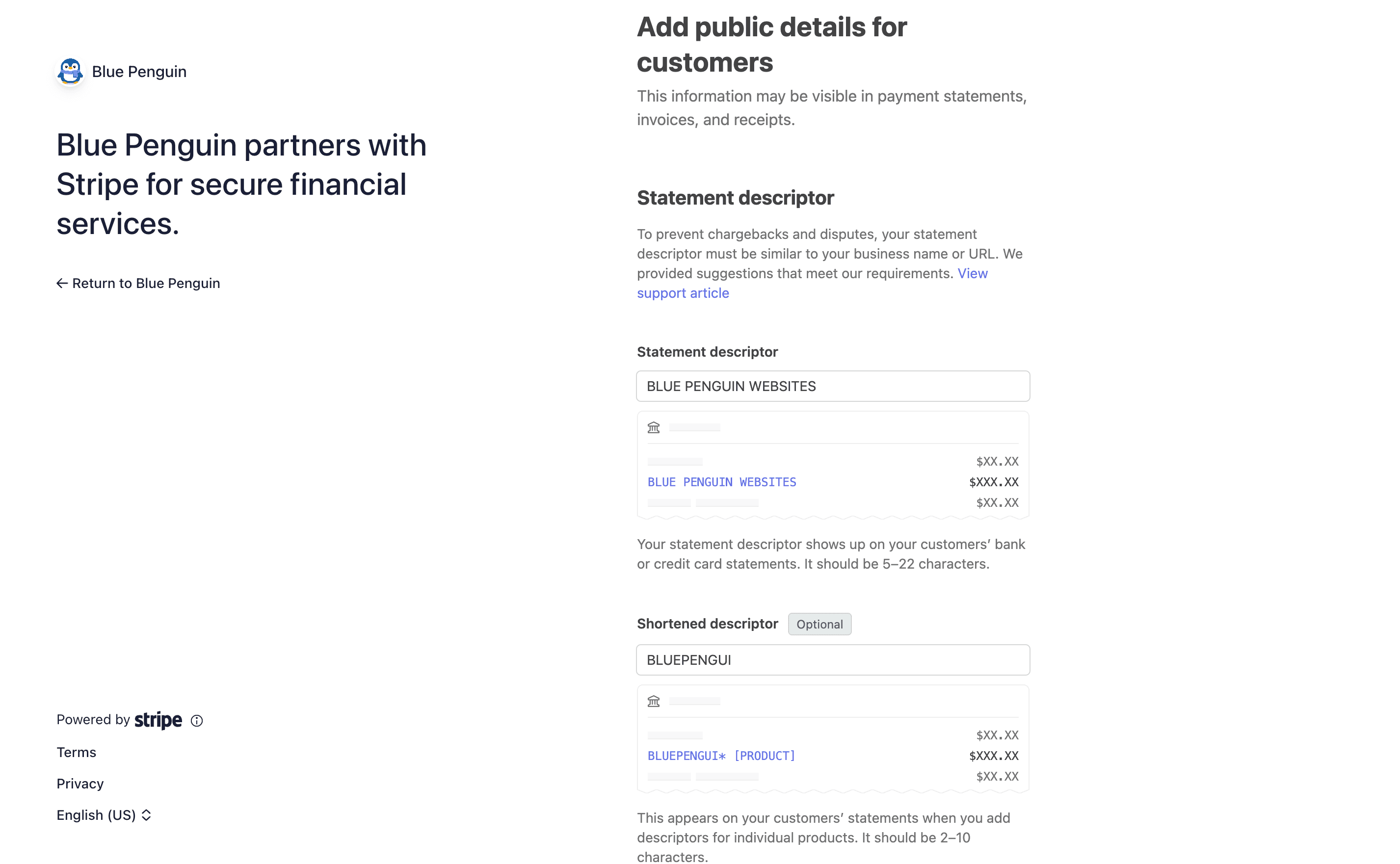 Stripe statement descriptor fields for Blue Penguin partner setup