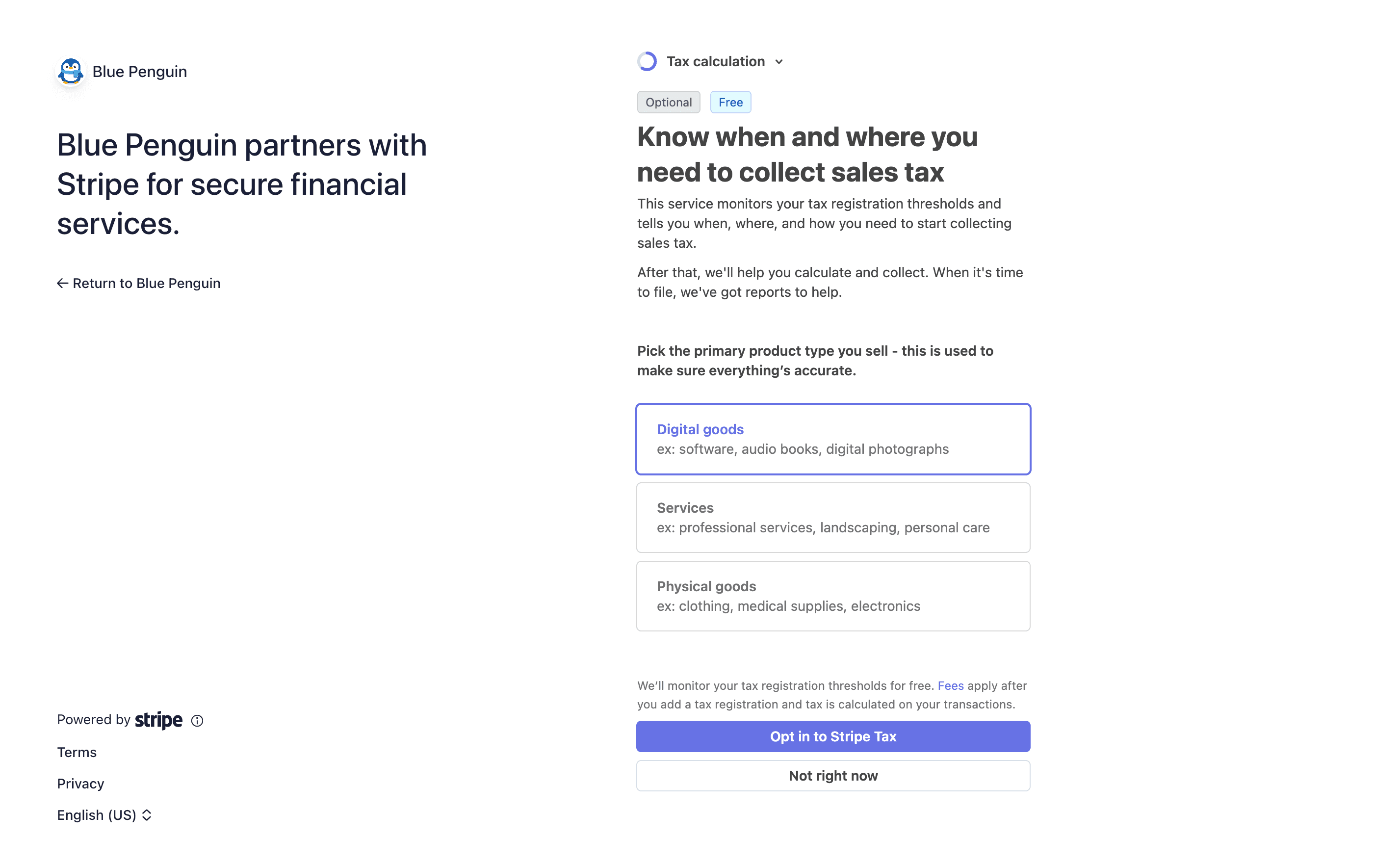 Stripe tax setup screen with not right now option