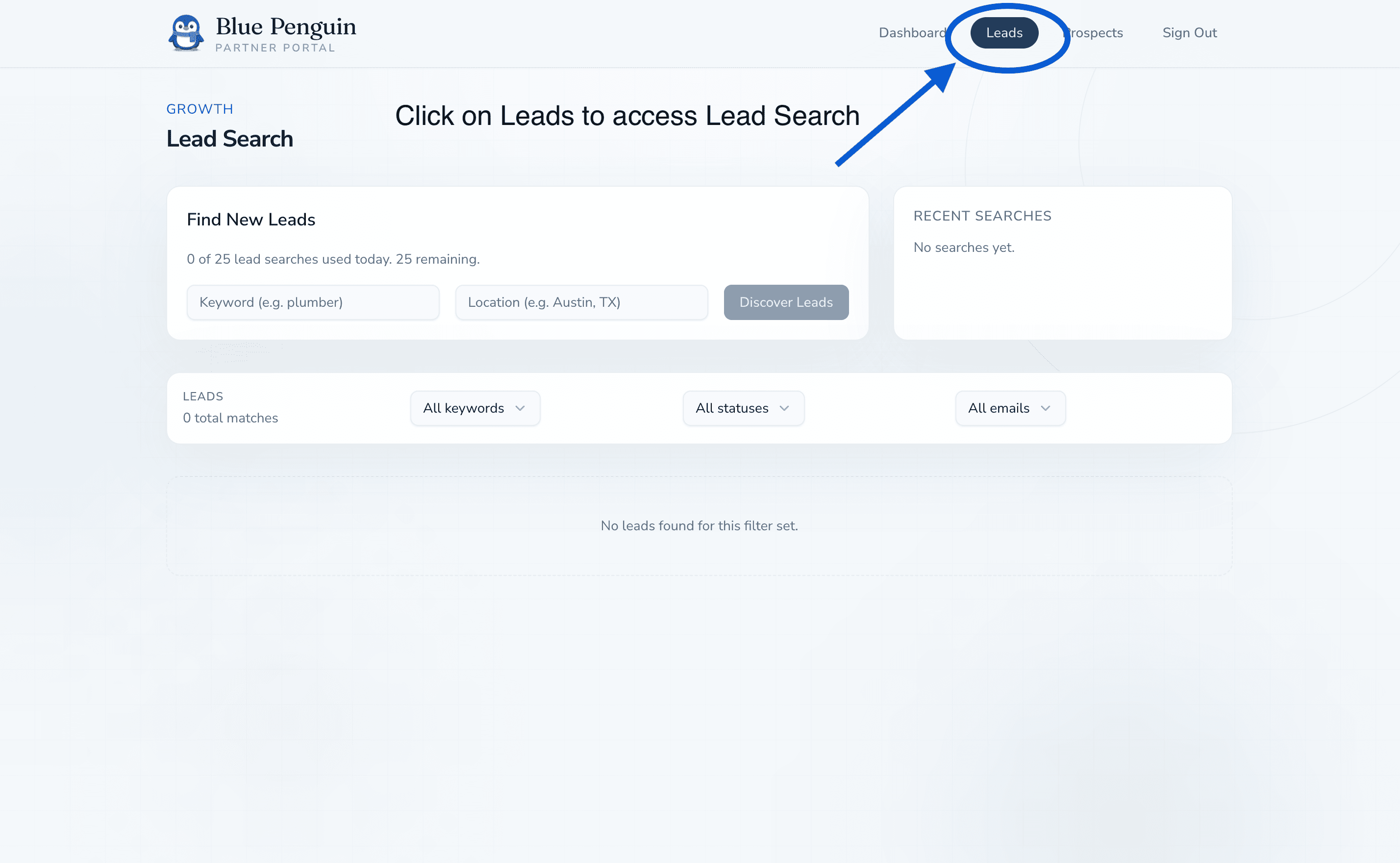 Blue Penguin partner dashboard showing leads navigation