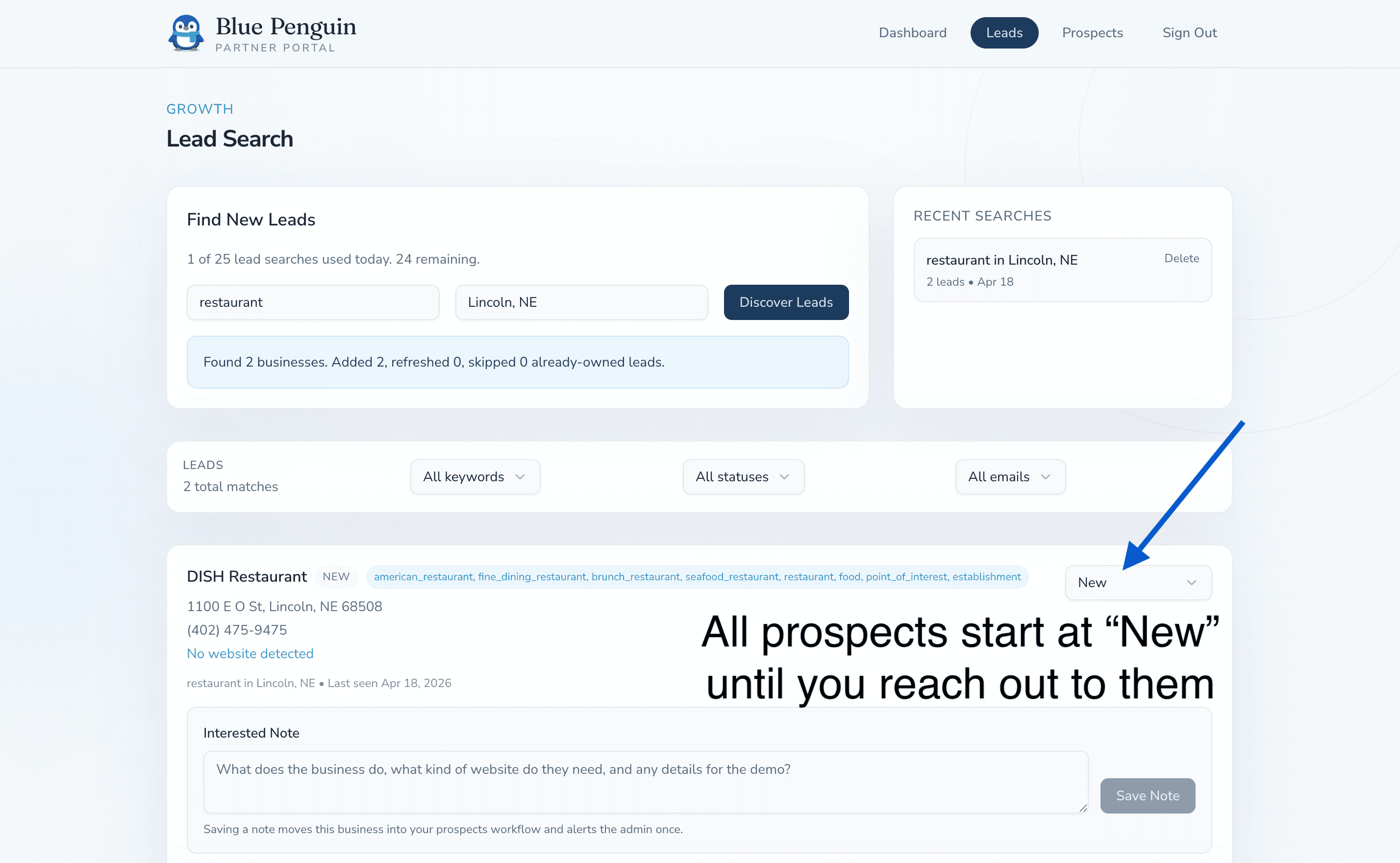 Lead search results in the Blue Penguin partner dashboard