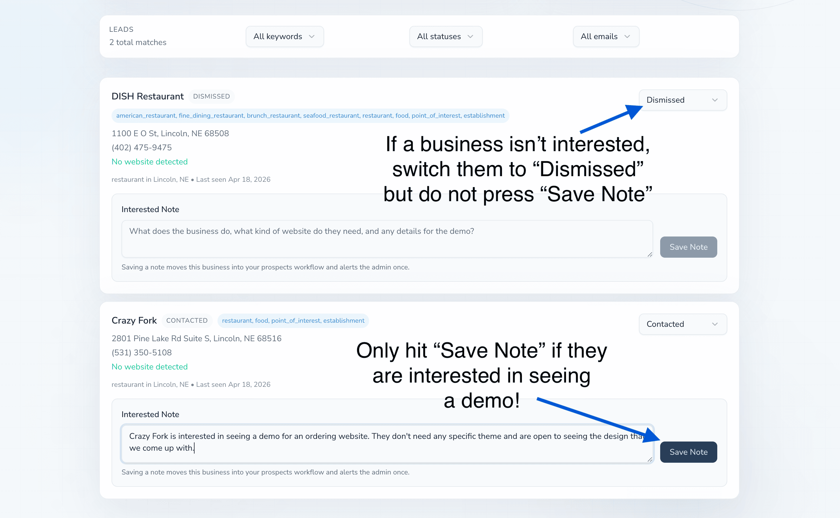 Lead status controls for dismissing or marking interest in the partner dashboard